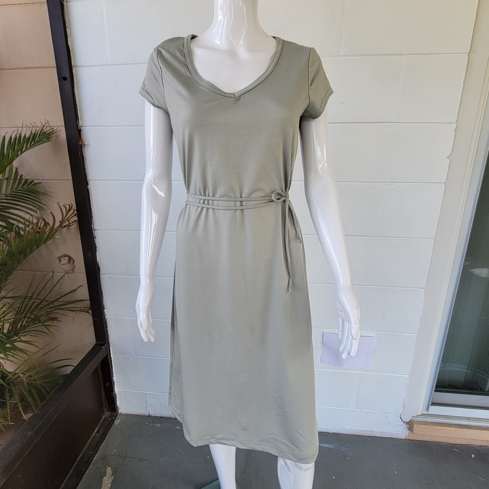 Vintage 90's La Belle T-Shirt Dress Sage Green Short-sleeved V-neck Women Size L
